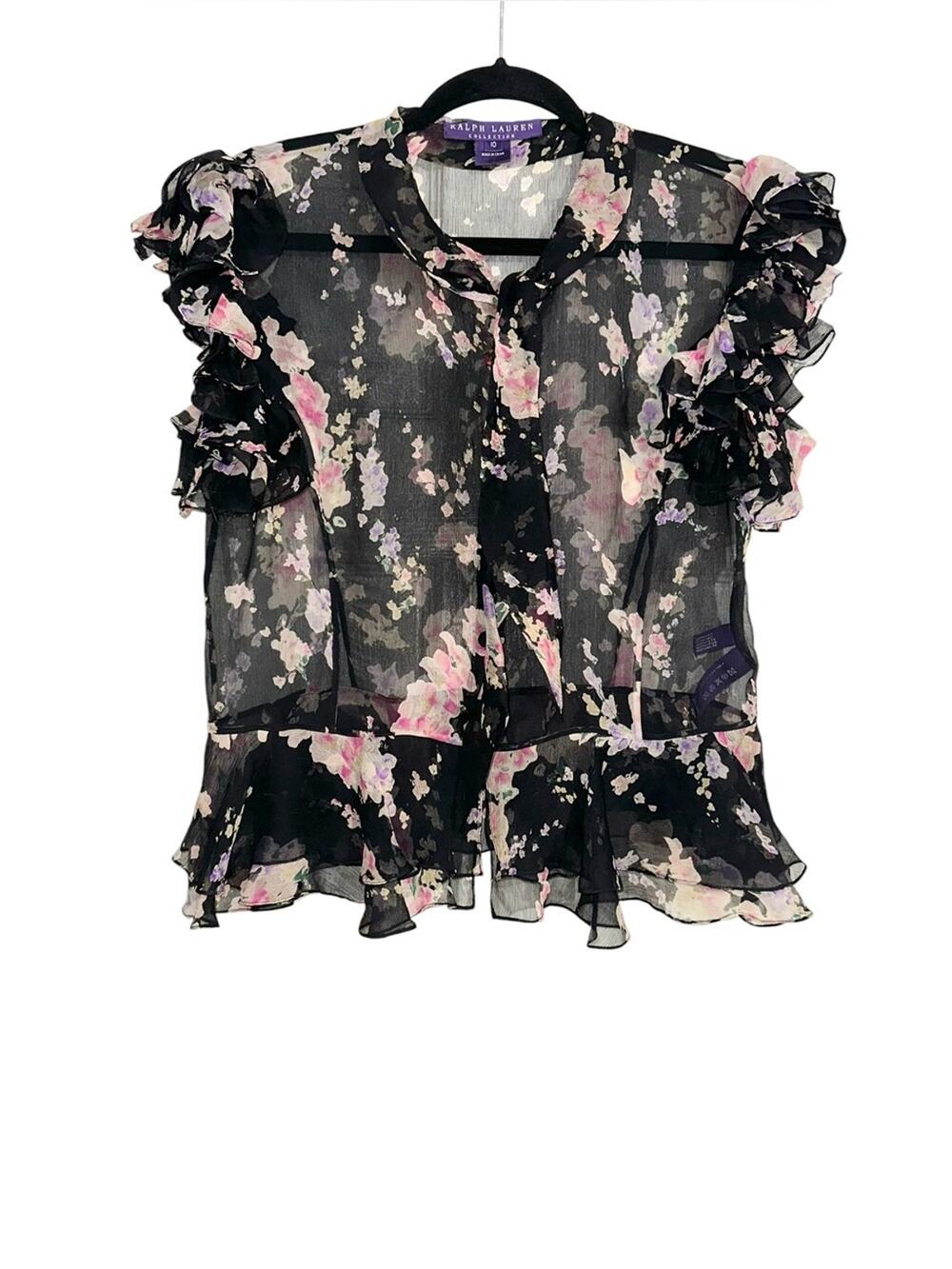 Ralph Lauren Collection Purple Label Silk Black Floral Ruffle Sheer Blouse 10